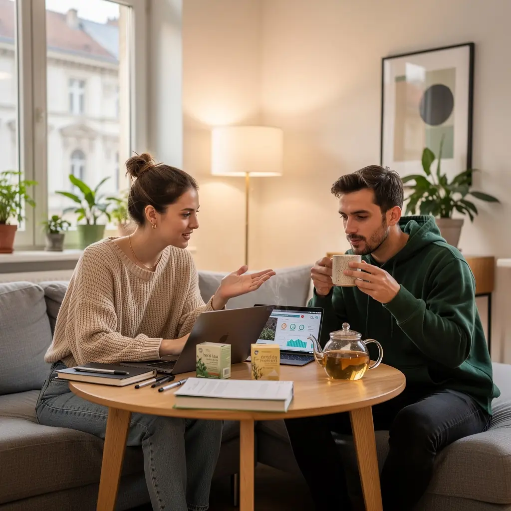 Zöld tea csésze mellett, egészséges ételekkel az asztalon.