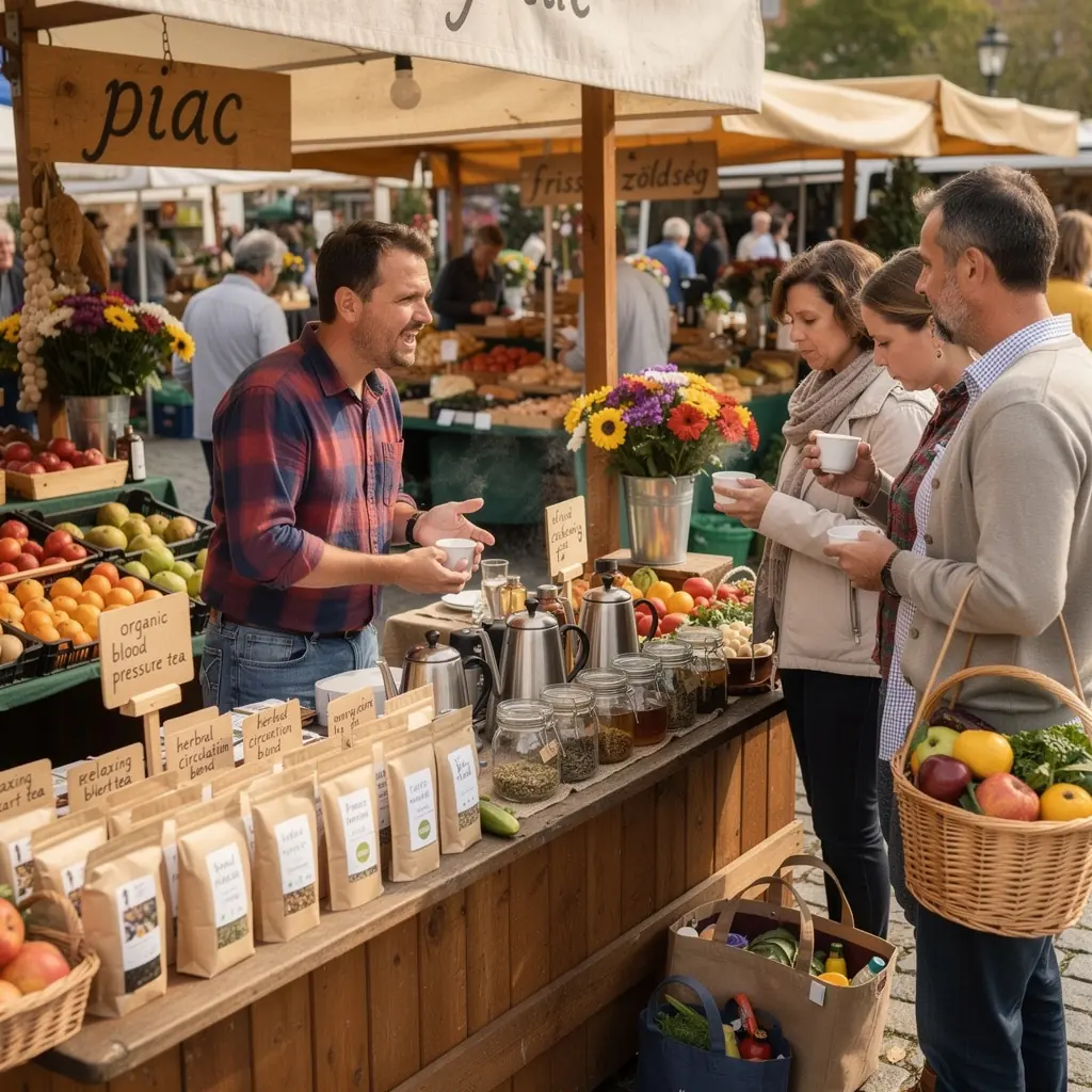 Teás kanna és csészék egy elegáns asztalon, ünnepi díszítéssel.