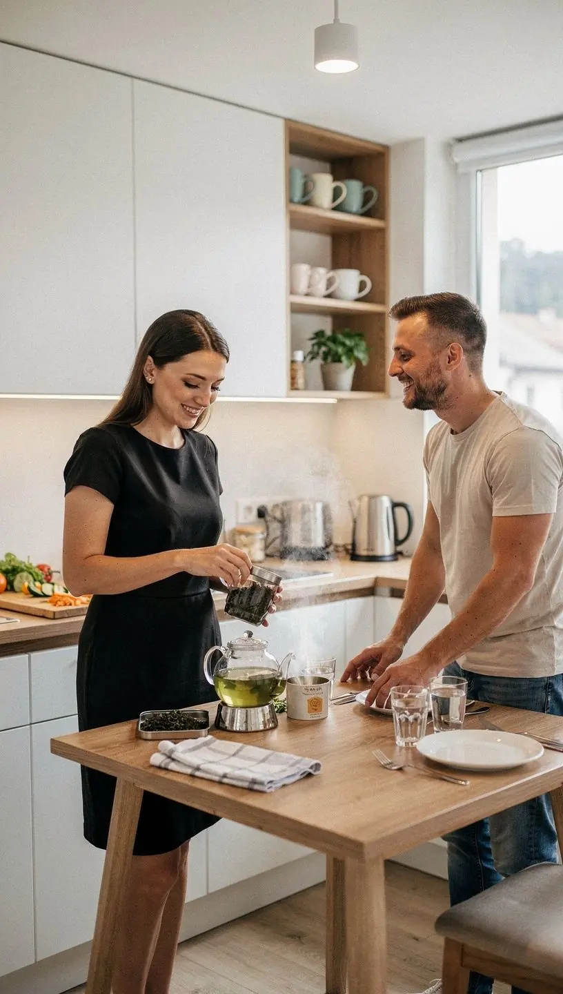 Egy egészséges étrend bemutatása, teák és gyümölcsök mellett.