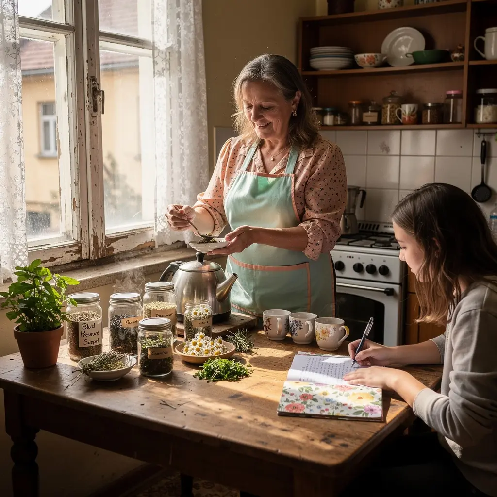 Teáscsésze a természetes gyógymódok bemutatására, zöld növényekkel a háttérben.